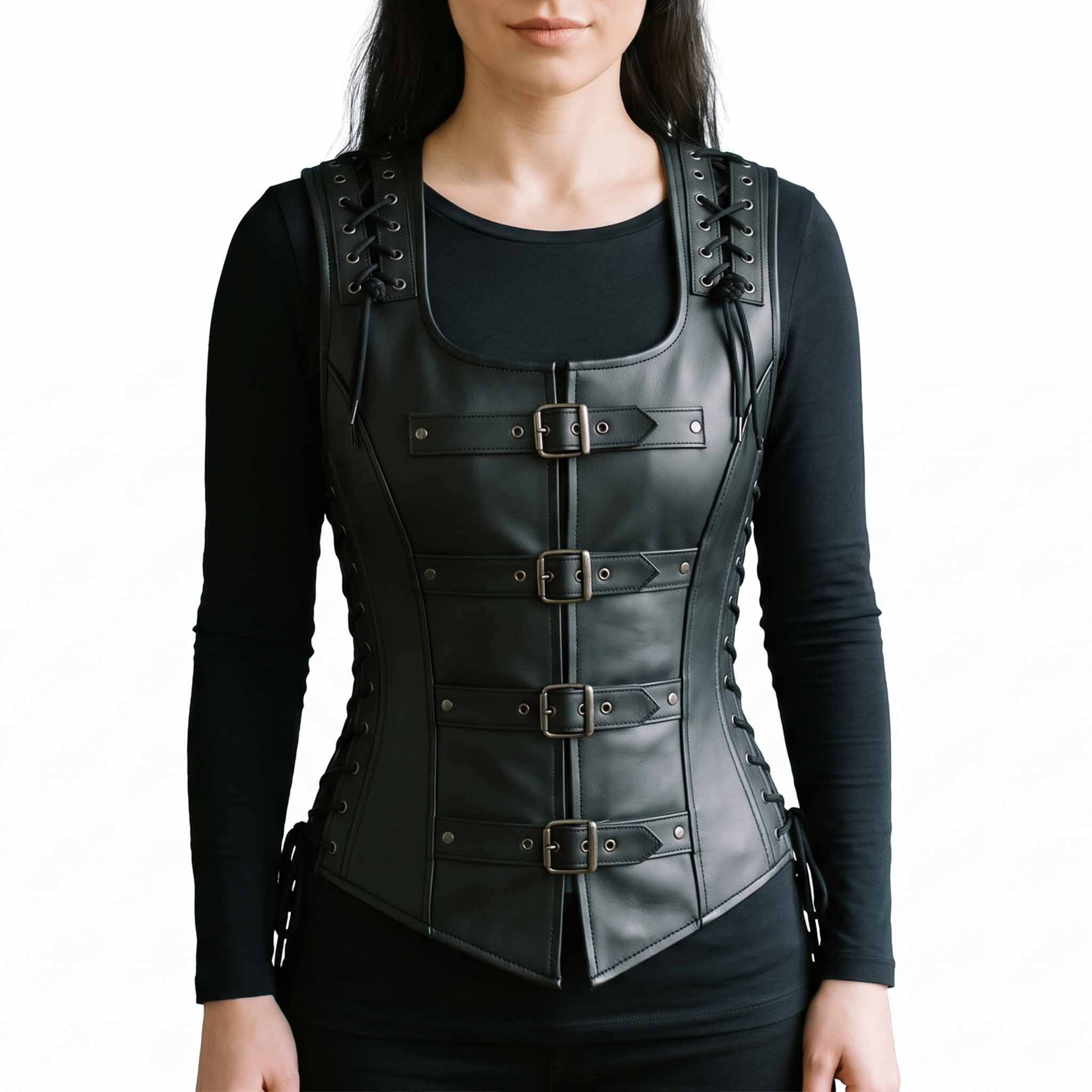 Front view of woman wearing handmade black lambskin leather steel boned corset vest with four roller buckles and lace-up shoulders