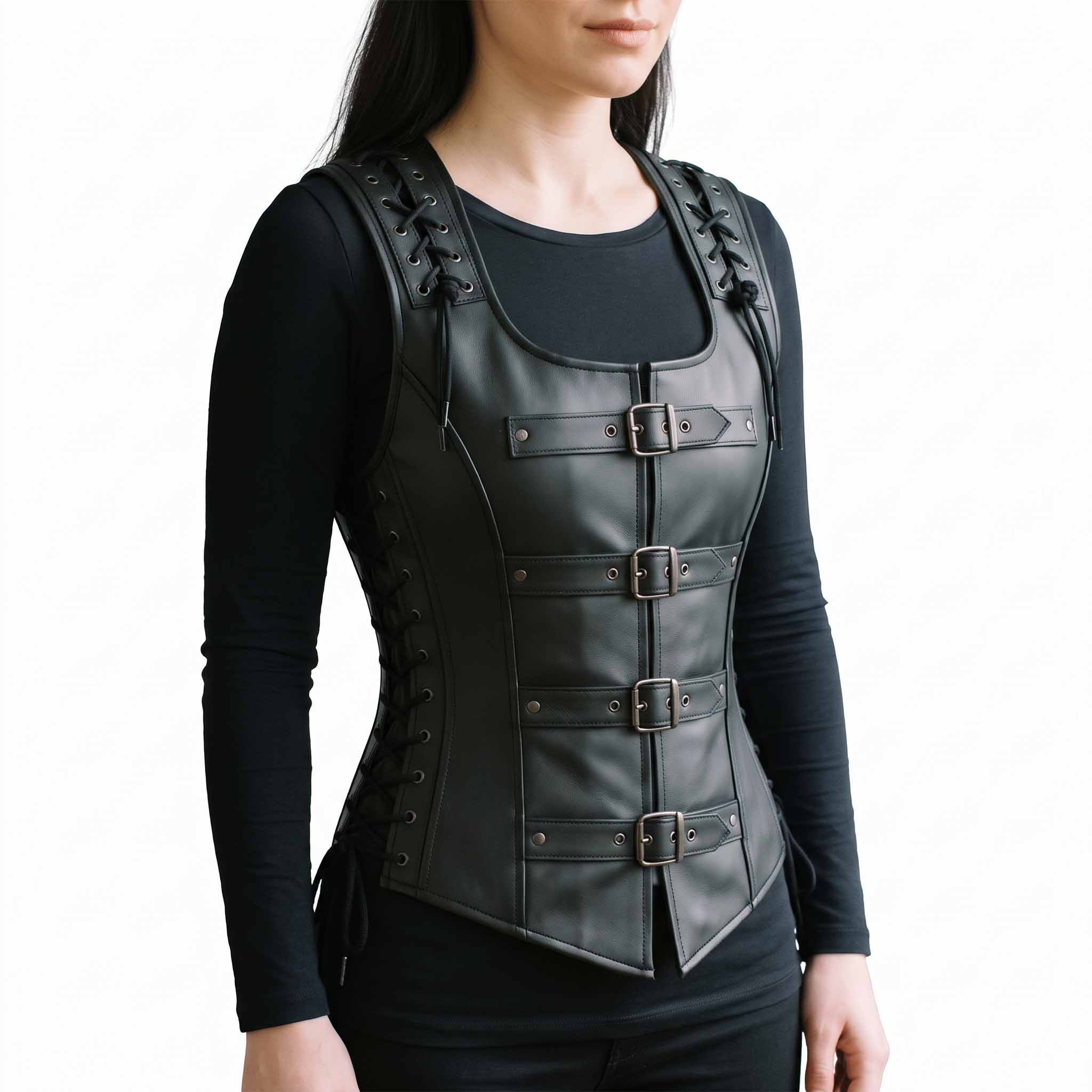 Front three-quarter perspective of woman modeling black leather gothic corset top detailing front buckle straps and side rib eyelet ties