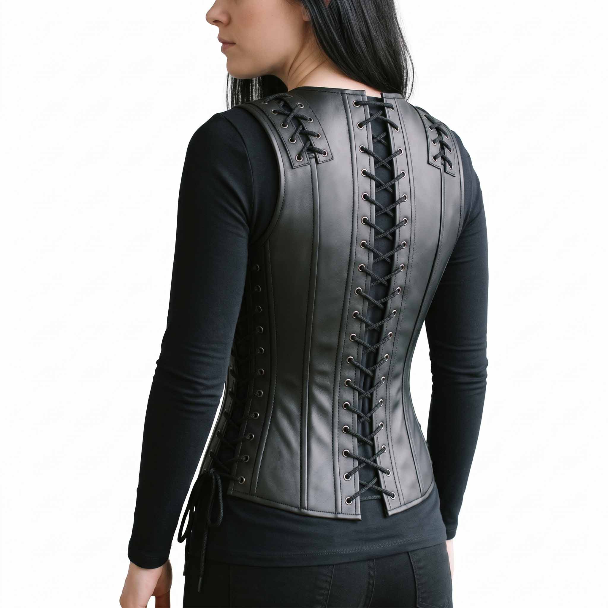 Rear three-quarter studio angle of woman wearing fitted black genuine lambskin leather waistcoat highlighting back corset lacing