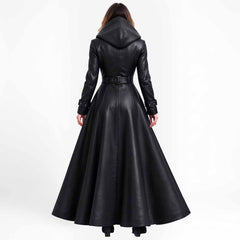Rear view of a woman showcasing the large hood, structured paneled back seams, and dramatic floor-length drape of the black gothic leather coat.