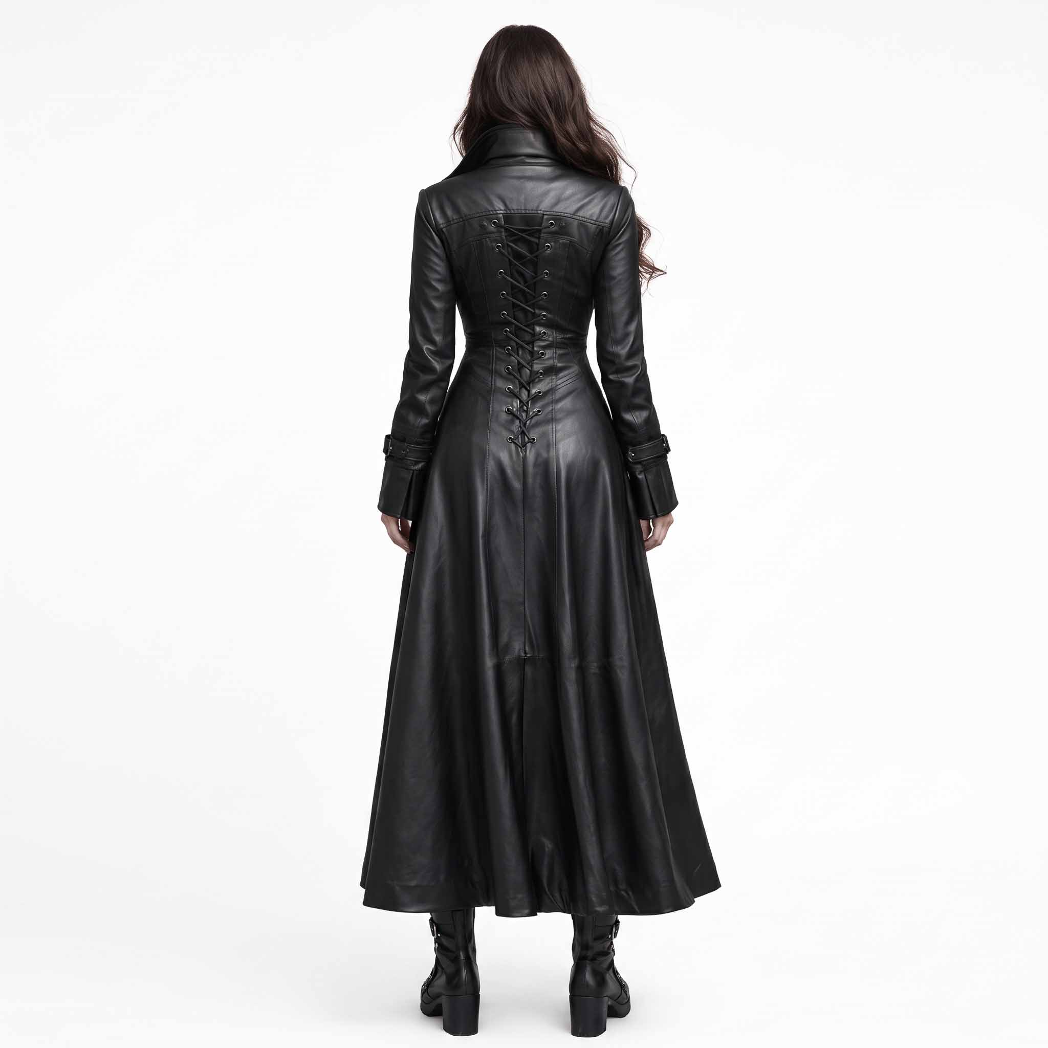 Direct back view of woman modeling black leather maxi coat highlighting continuous spine eyelet corset cord lacing and flared bottom hem