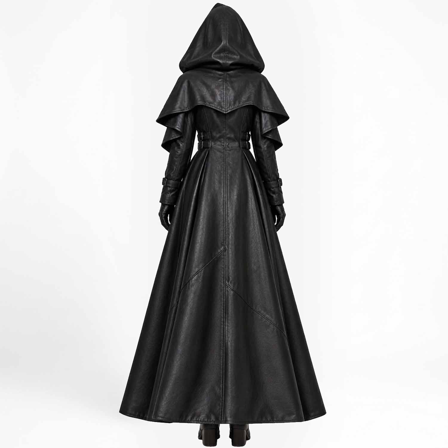 Back view of a woman showcasing the large hood, paneled tailoring, and sweeping floor-length hem of the gothic leather medieval cape.