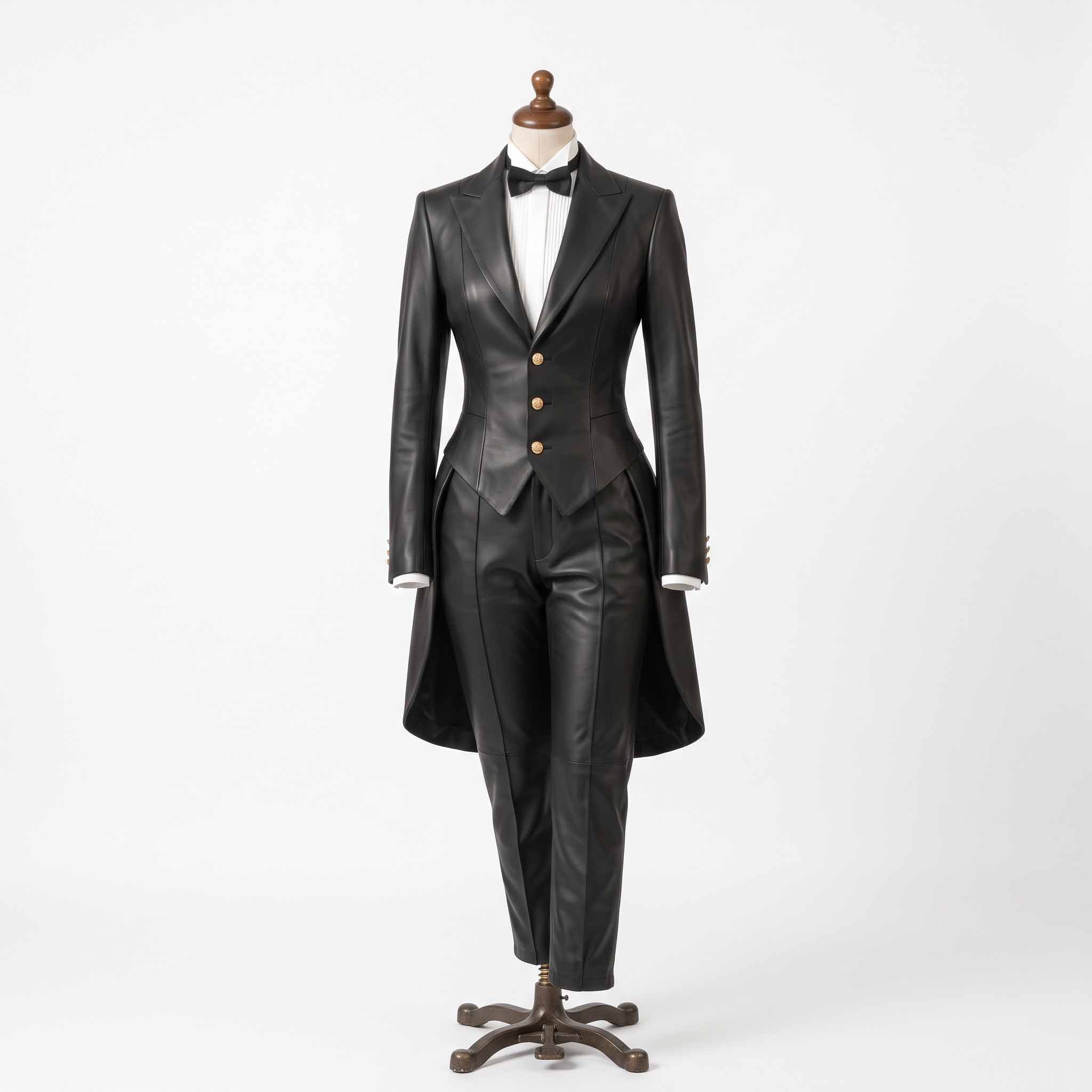 Full length front shot of ladies black genuine leather tuxedo suit set displayed on vintage dress form with white shirt and bow tie