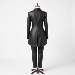 Full length back view of womens handmade black leather swallowtail coat and straight leg trousers on mannequin stand on white background