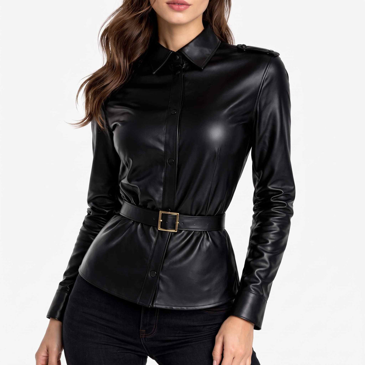 Front view of a woman wearing a black real leather belted shirt with shoulder epaulets and a cinched waist belt.