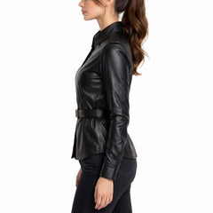 Side profile view of a model wearing a long sleeve genuine leather shirt with a buckled belt and point collar.