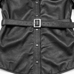 Flat lay detail displaying the center snap fasteners and adjustable buckled leather belt.