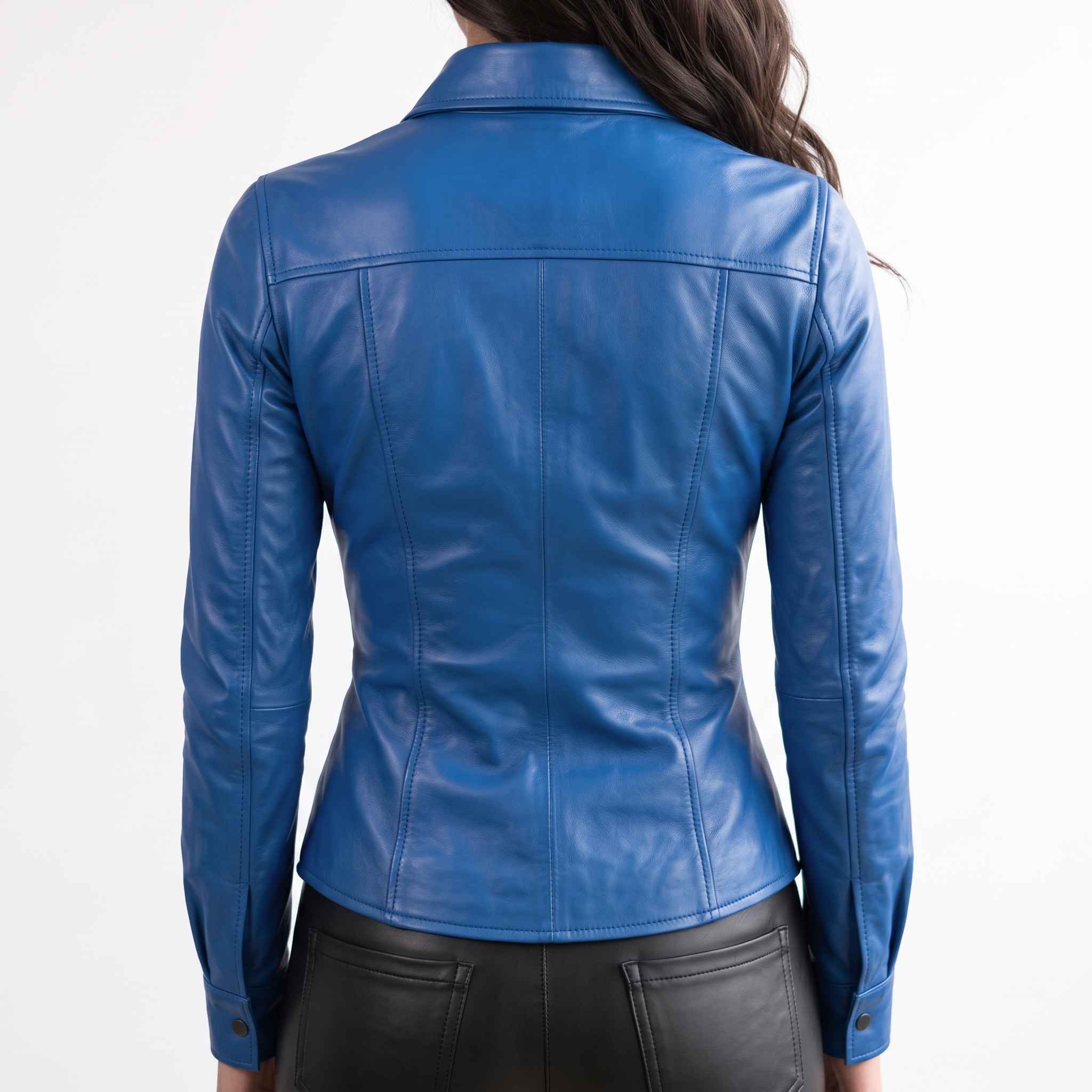 Back close up view showing the contoured seam stitching and structured shoulder yoke of a women's fitted blue leather blouse.