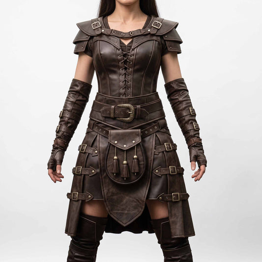Full front view of woman wearing handmade brown cowhide leather fantasy warrior armor costume featuring laced corset bodice, shoulder pauldrons, bracers, and pleated kilt skirt