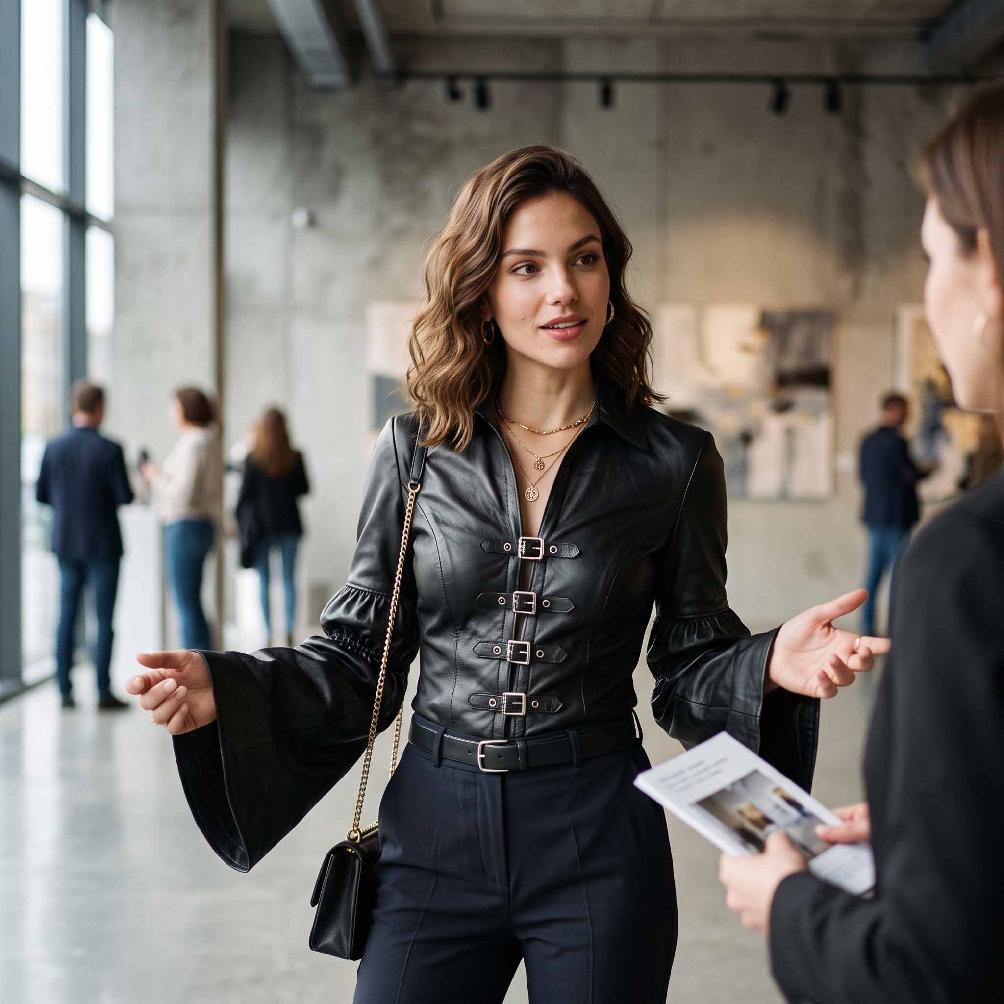 Fashionable woman gesturing with hands wearing black leather blouse highlighting dramatic gathered bell sleeve volume and front buckles