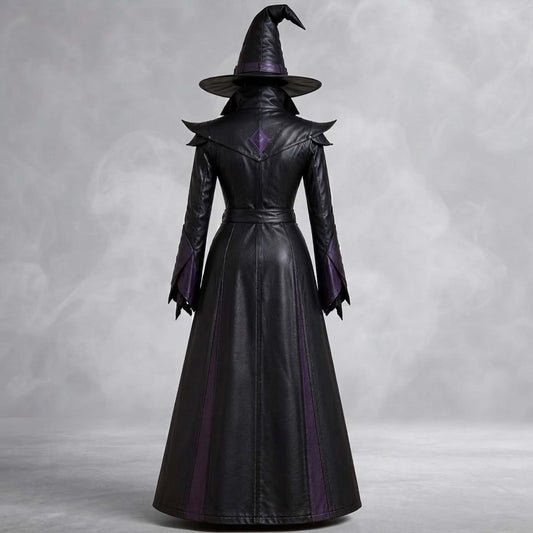 Full-length rear view displaying the back seam panels, waist belt, and wide brim leather hat of a women's gothic mage dress.