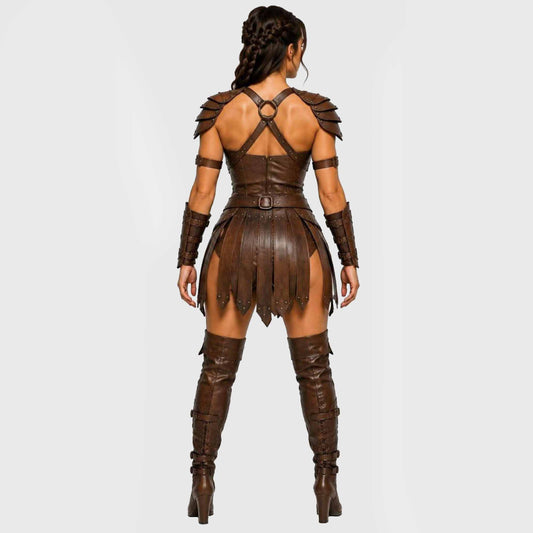 Rear full length view of womens brown leather warrior armor showing cross back harness ring shoulder pauldrons and hanging battle skirt panels