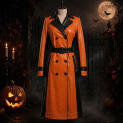 Women's orange and black real leather long trench coat displayed on a mannequin with a double-breasted front and belted waist.