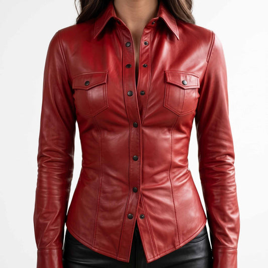 Front close up view of a woman wearing a tailored red lambskin leather shirt with snap buttons and flap chest pockets.