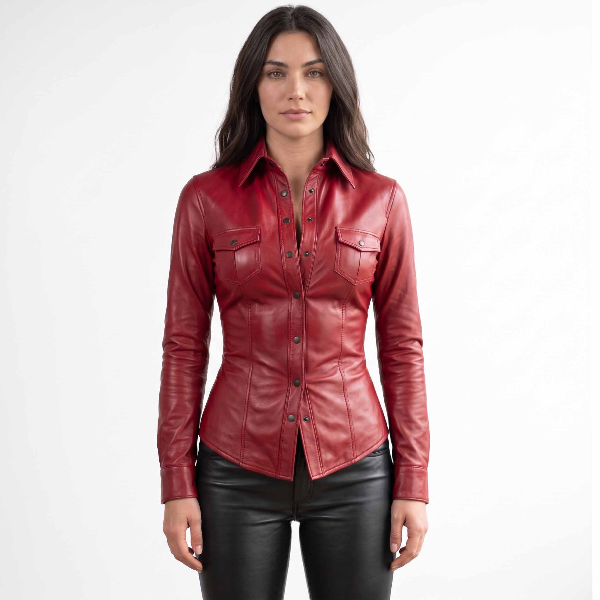 Full front view of a brunette model posing in a fitted red genuine leather button down shirt paired with black leather pants.