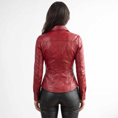 Full back view showcasing the tailored fit, shoulder paneling, and clean stitch work of a red genuine leather overshirt.