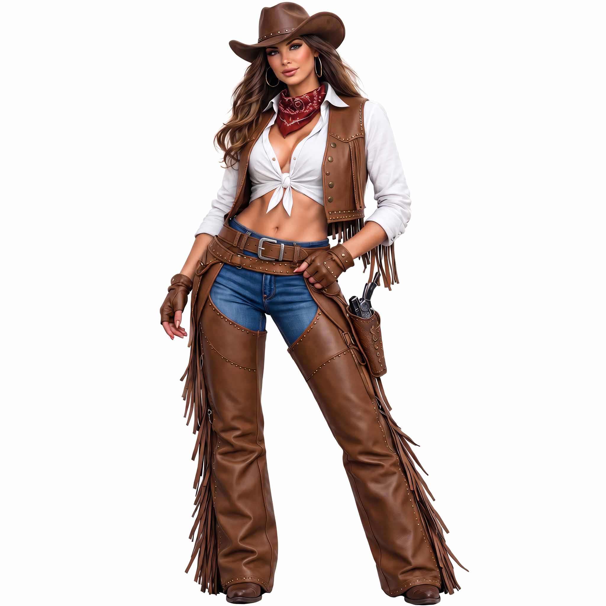 Full length front studio view of smiling woman wearing brown leather western fringe chaps and cropped studded vest with cowboy hat and boots