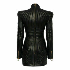 Womens Black Leather Trench Steampunk Dress Gothic PUNK Victorian Coat Jacket