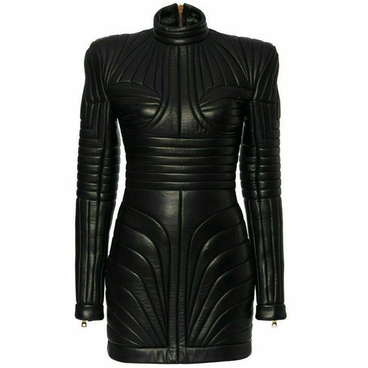 Womens Black Leather Trench Steampunk Dress Gothic PUNK Victorian Coat Jacket