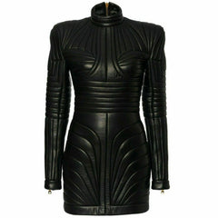 Womens Black Leather Trench Steampunk Dress Gothic PUNK Victorian Coat Jacket