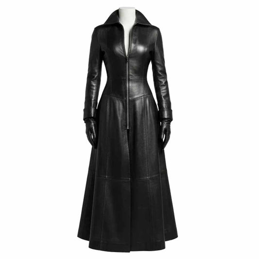 A black leather midi coat with a structured collar, front zipper, and long sleeves, displayed on a white mannequin against a plain white background.
