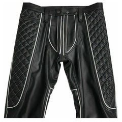 Leather Mens Trousers Black White Piping Pants Biker BLUF Breeches Gay Trousers