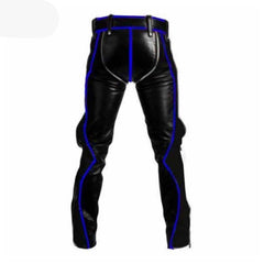 Mens Black Cowhide Leather Bondage Jeans With Blue Piping BLUF Leder Breeches