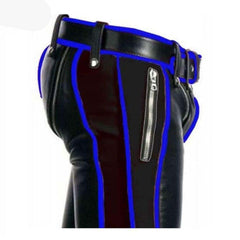 Mens Black Cowhide Leather Bondage Jeans With Blue Piping BLUF Leder Breeches
