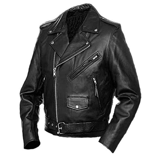 Chaqueta motera estilo Brando negra de piel de vacuno auténtica para hombre
