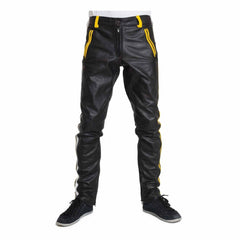 Mens Cowhide Leather Pants Cropped Biker Pants Yellow Stripe Leather Pants Chino Trousers