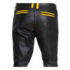 Mens Cowhide Leather Pants Cropped Biker Pants Yellow Stripe Leather Pants Chino Trousers