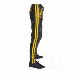 Mens Cowhide Leather Pants Cropped Biker Pants Yellow Stripe Leather Pants Chino Trousers