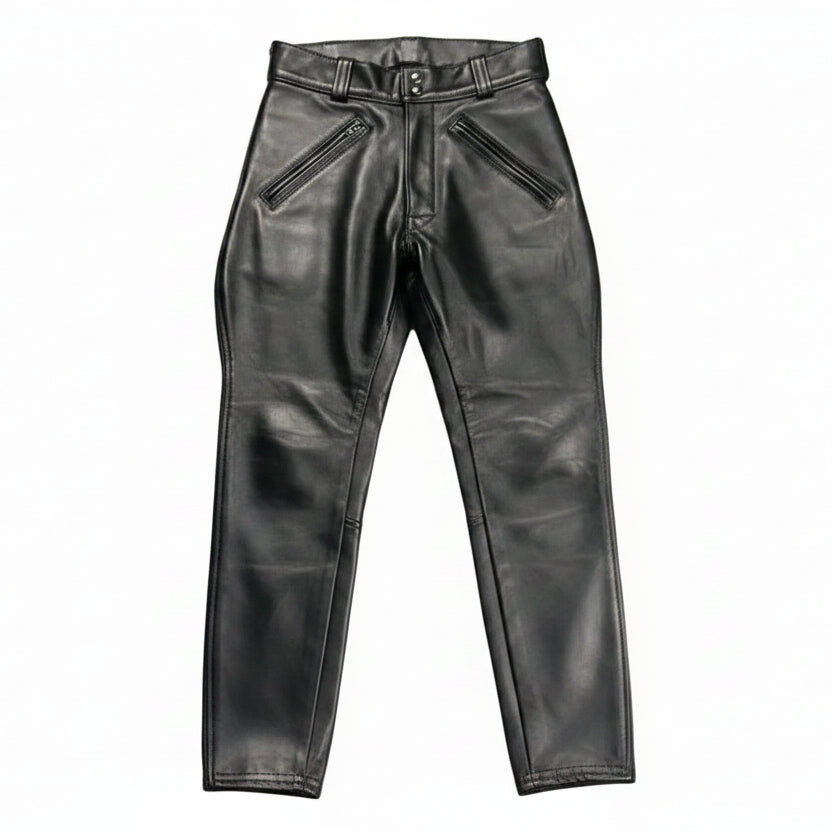 A pair of men's real cowhide leather breeches with branding on the back pockets, featuring a satin lining and double YKK zippers.