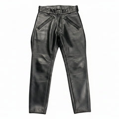 A pair of men's real cowhide leather breeches with branding on the back pockets, featuring a satin lining and double YKK zippers.