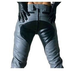 Gray and black leather pants with a black zipper at the back, modeled from behind with black gloves on a white background.