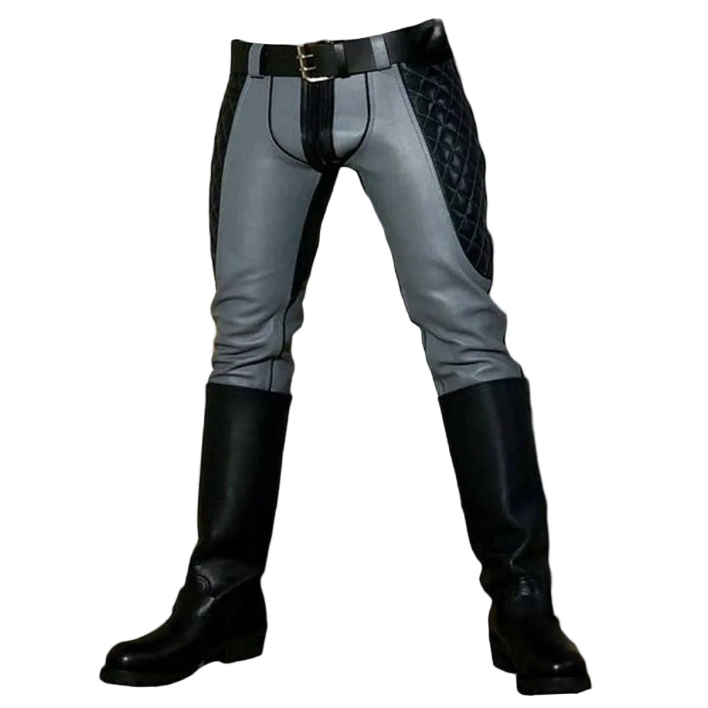 A pair of men's cowhide leather pants with a slim fit design, featuring a combination of gray and black colors, and a pair of black riding boots.