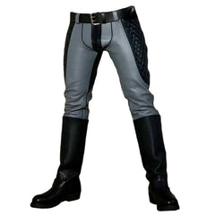 A pair of men's cowhide leather pants with a slim fit design, featuring a combination of gray and black colors, and a pair of black riding boots.