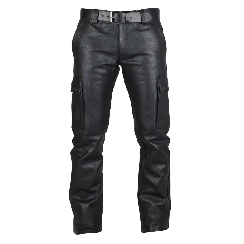 Men's real leather pants with cargo pockets and a belt loops, displayed against a white background.
