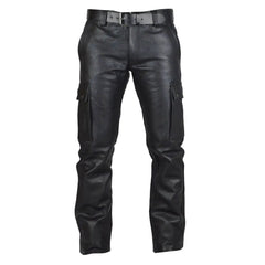 Men's real leather pants with cargo pockets and a belt loops, displayed against a white background.