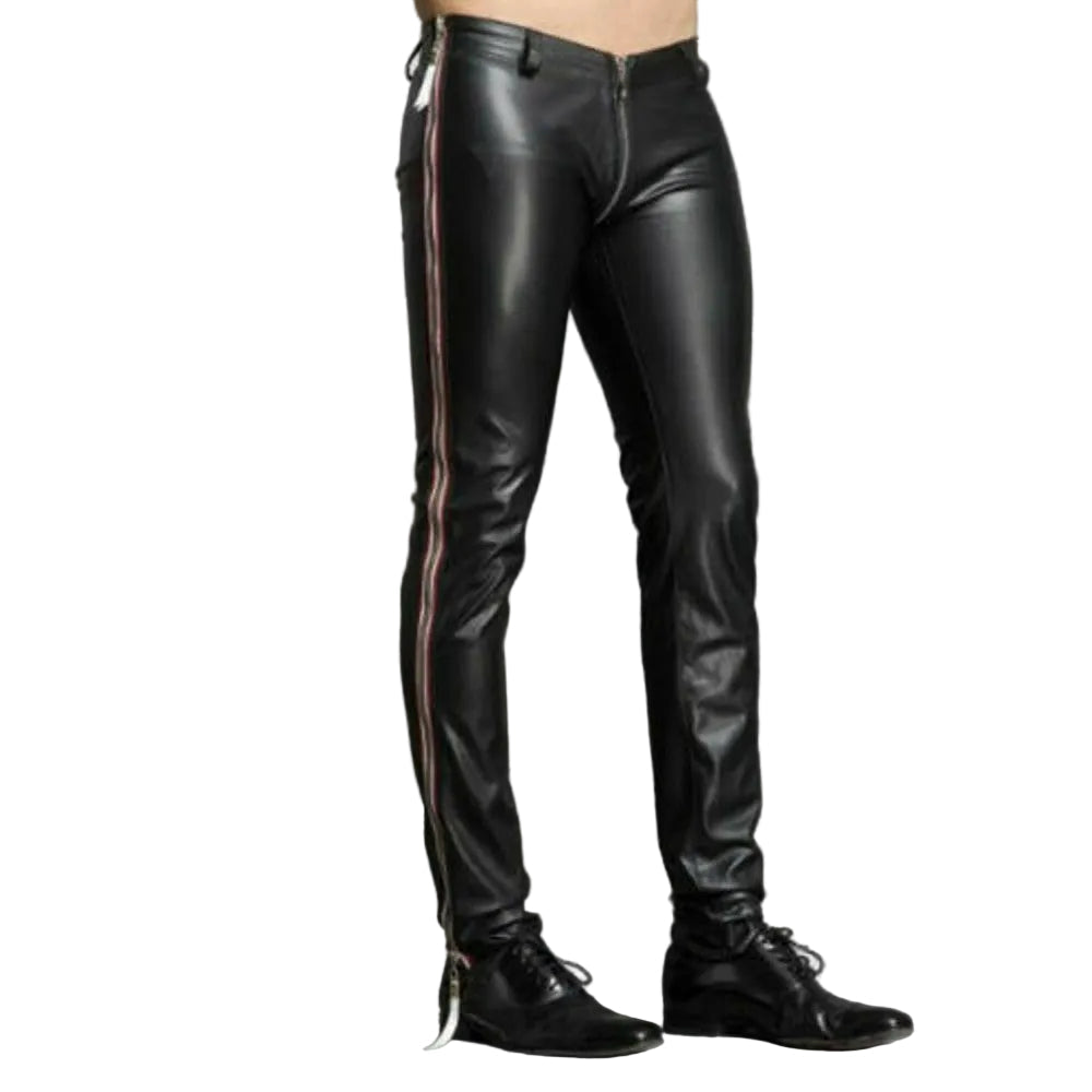 A pair of men's real leather pants with red and white stripes, featuring a front zipper and a visible brand tag.