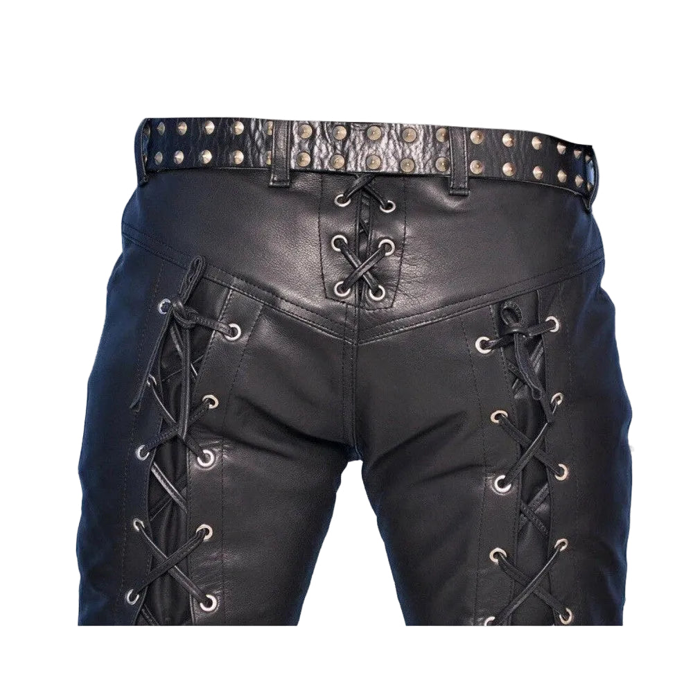 Black leather pants with lace-up side details, a studded belt, and silver metal eyelets, shown on a white background.