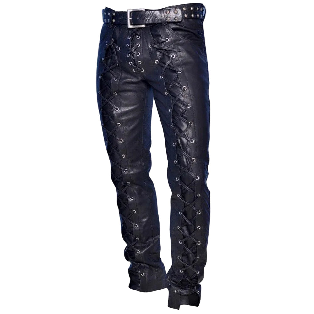A pair of men's real leather bikers pants with front and back laces up, featuring side and coin pockets, and a belt with buckle detail.