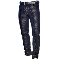 A pair of men's real leather bikers pants with front and back laces up, featuring side and coin pockets, and a belt with buckle detail.
