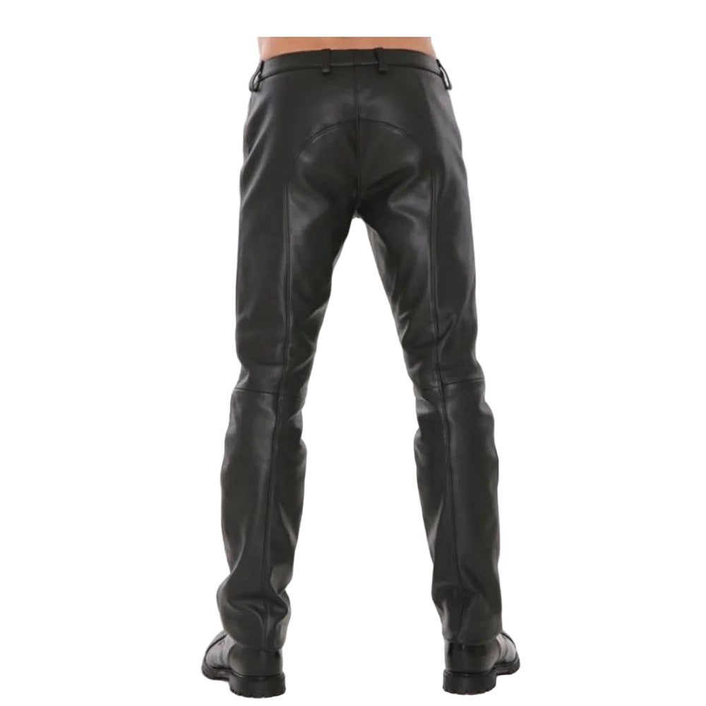 Black leather biker pants shown from the back on a model, featuring a belt loop waist and knee patches, paired with black boots against a white background.