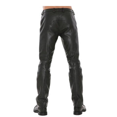 Black leather biker pants shown from the back on a model, featuring a belt loop waist and knee patches, paired with black boots against a white background.