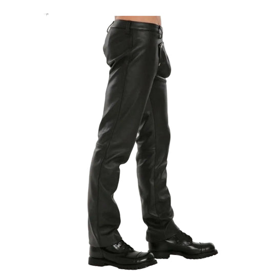 Black leather pants shown on a model from the waist down, paired with black leather boots against a plain white background.