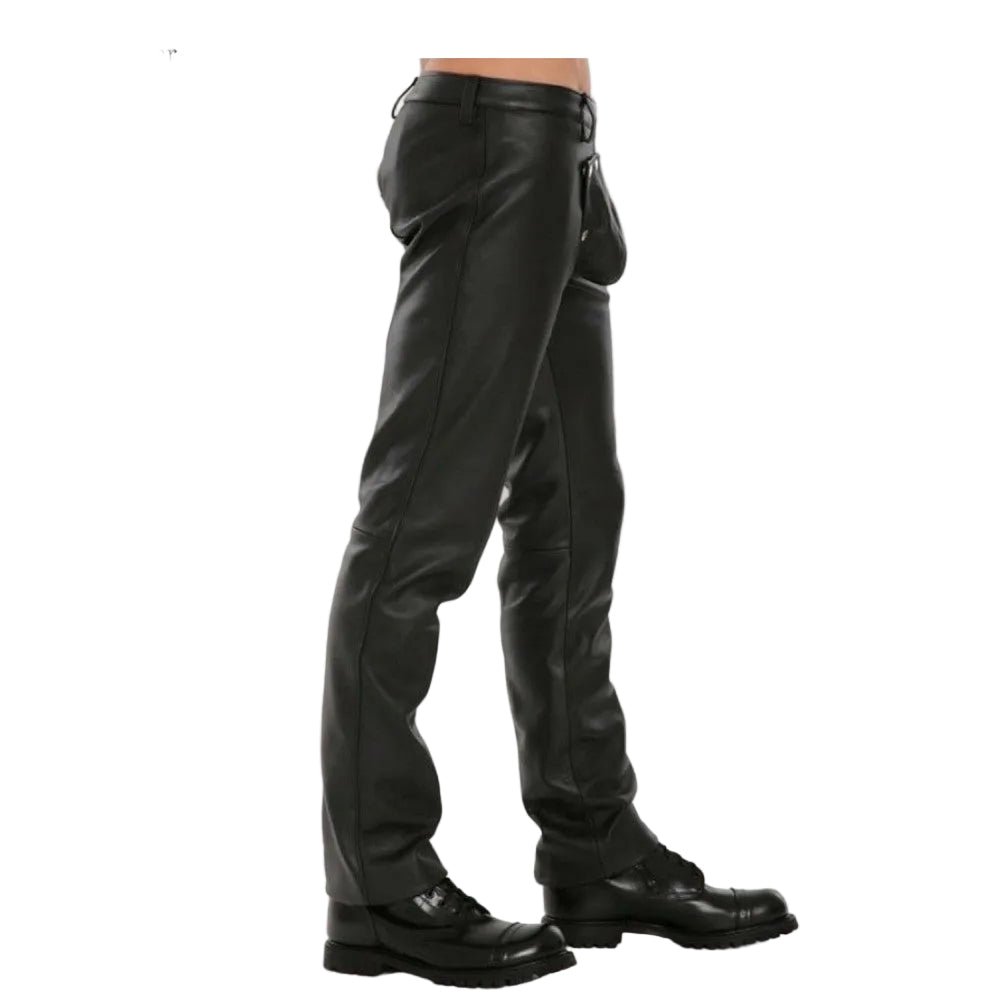 Black leather pants shown on a model from the waist down, paired with black leather boots against a plain white background.