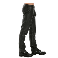 Black leather pants shown on a model from the waist down, paired with black leather boots against a plain white background.
