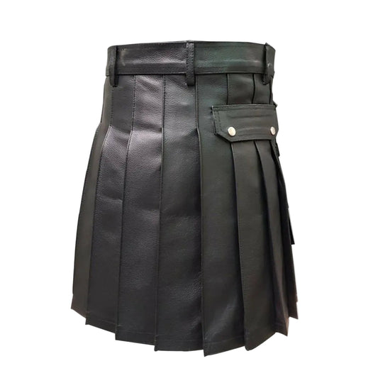 Mens Black Real Cowhide Leather Gladiator Pleated Kilt