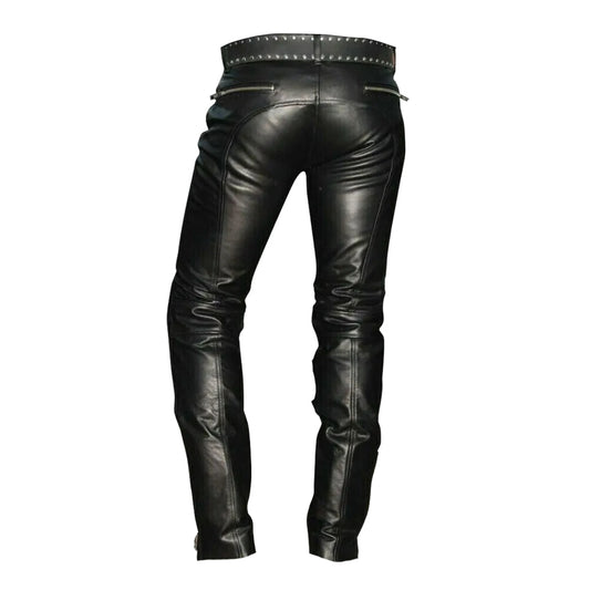 Men's Real Cowhide Leather Quilted Panels Slim Fit Trousers Pants Bikers Jeans Lederhosen
